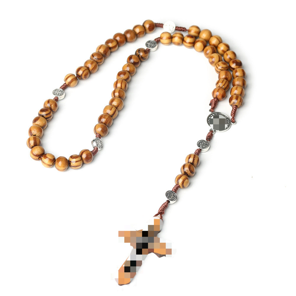 Cross Rosary Hand Knotted Wooden Bead Coffee Necklace