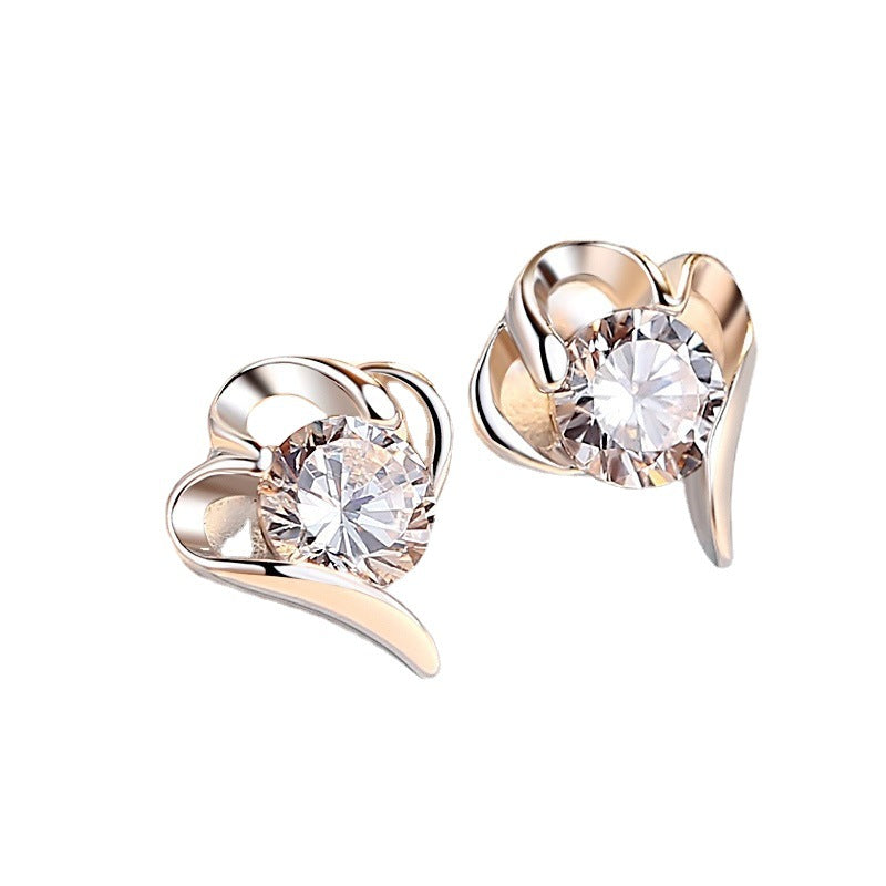 Sier Pin Heart-shaped Ear Inlaid Zircon Minimalist Earrings