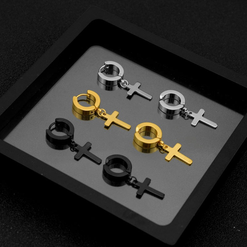 Round Flat Cross Diamond Titanium Steel Ear Rings