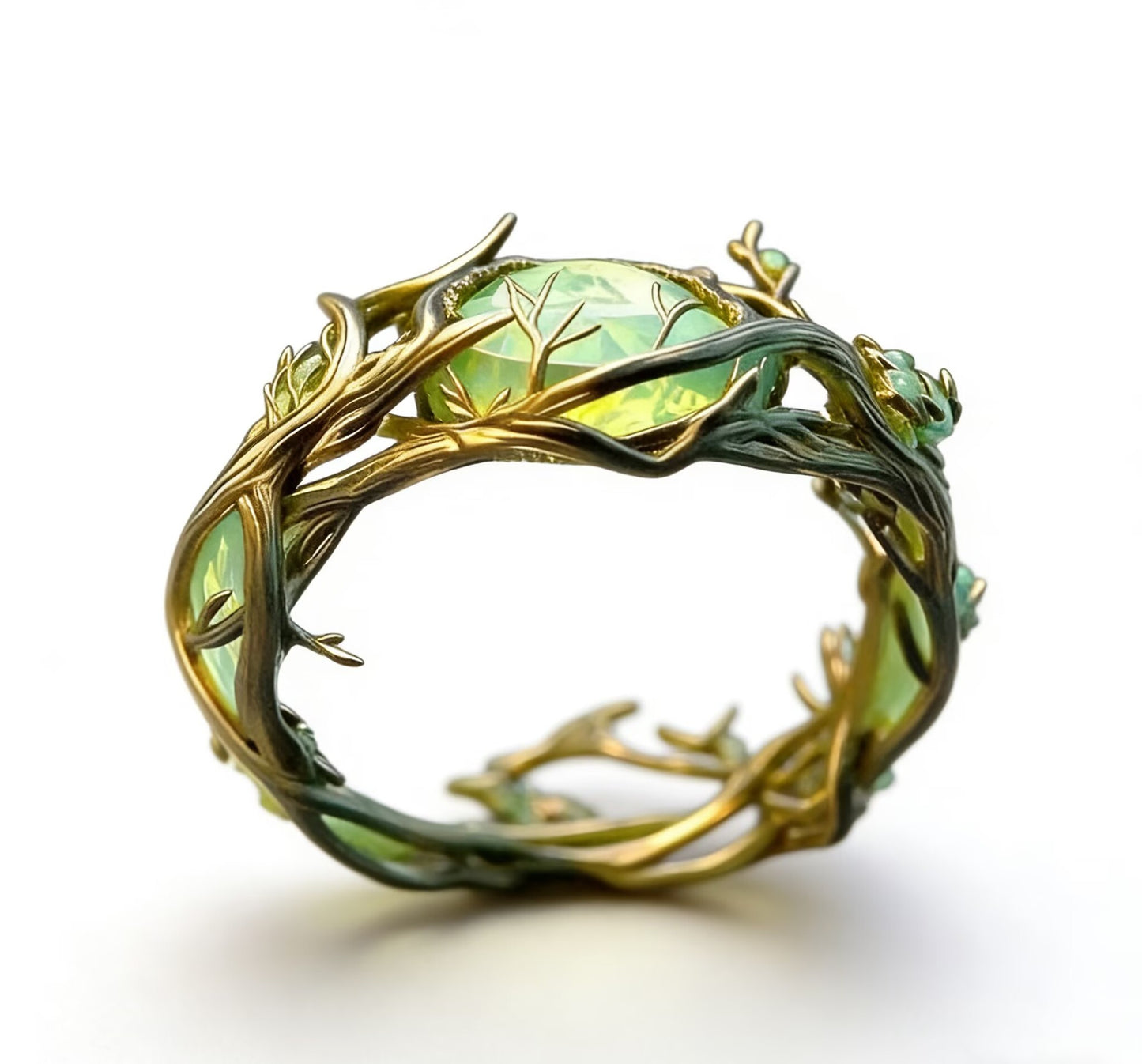 Craft Retro Personality Oval Jade Inlaid Malachite Branches Rings