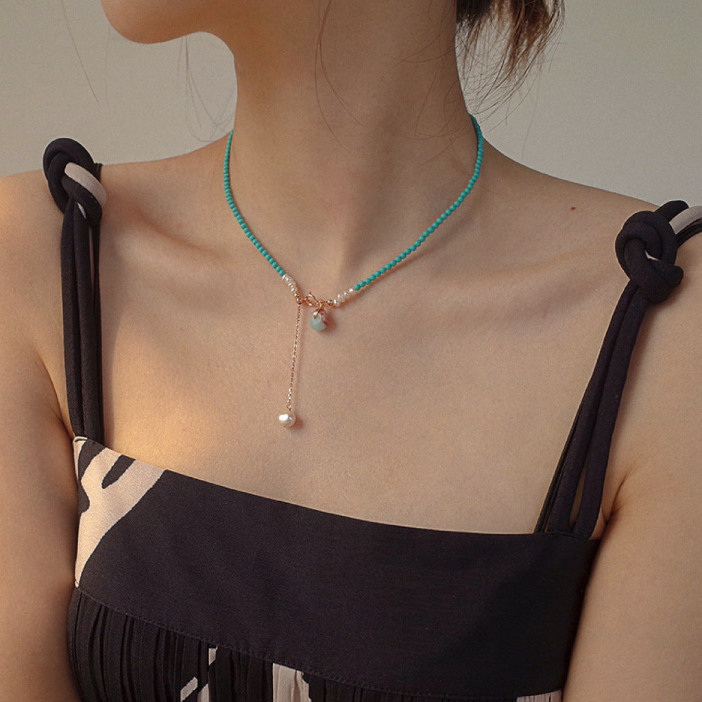 Natural Turquoise Freshwater Pearl Chinese Style Stone National Minority Simple Necklace