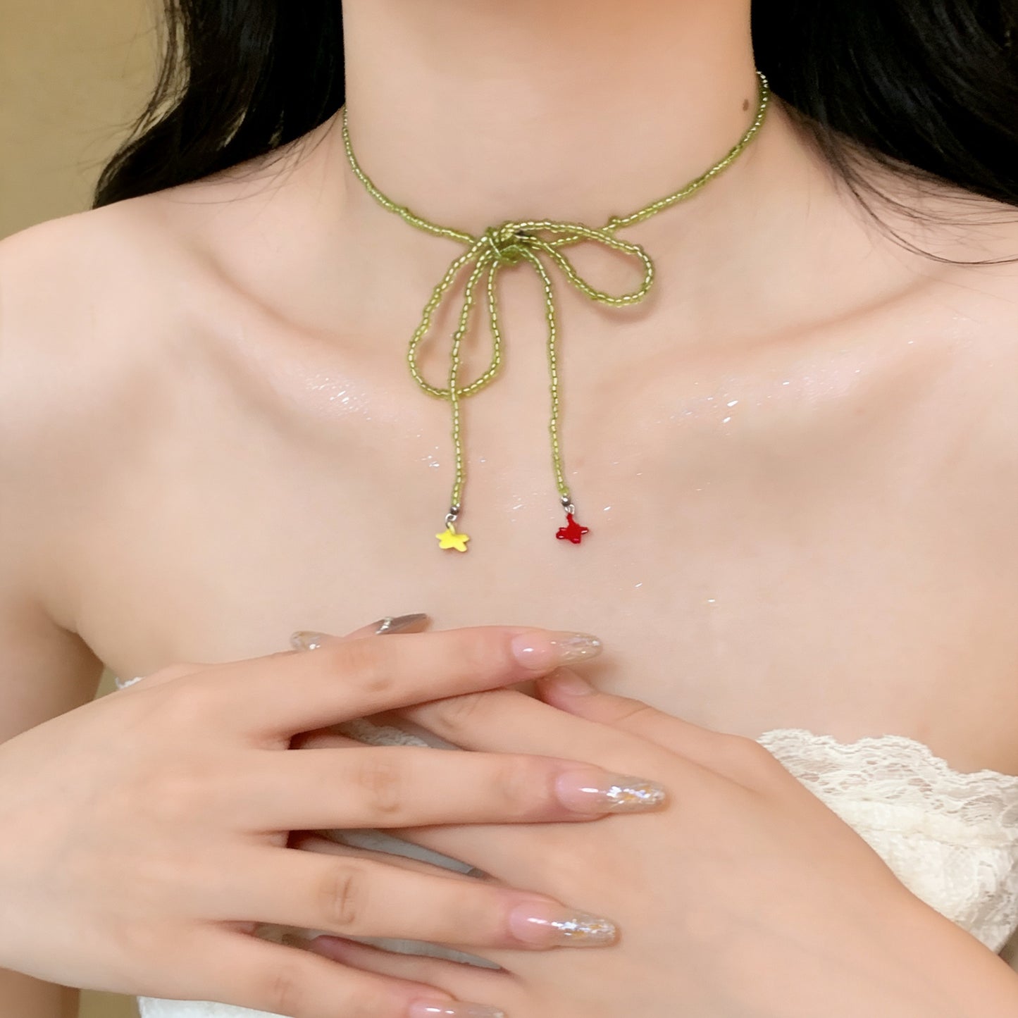 Green Beads Stringed Sweet Bow Flower Tassel Niche High Class Necklace
