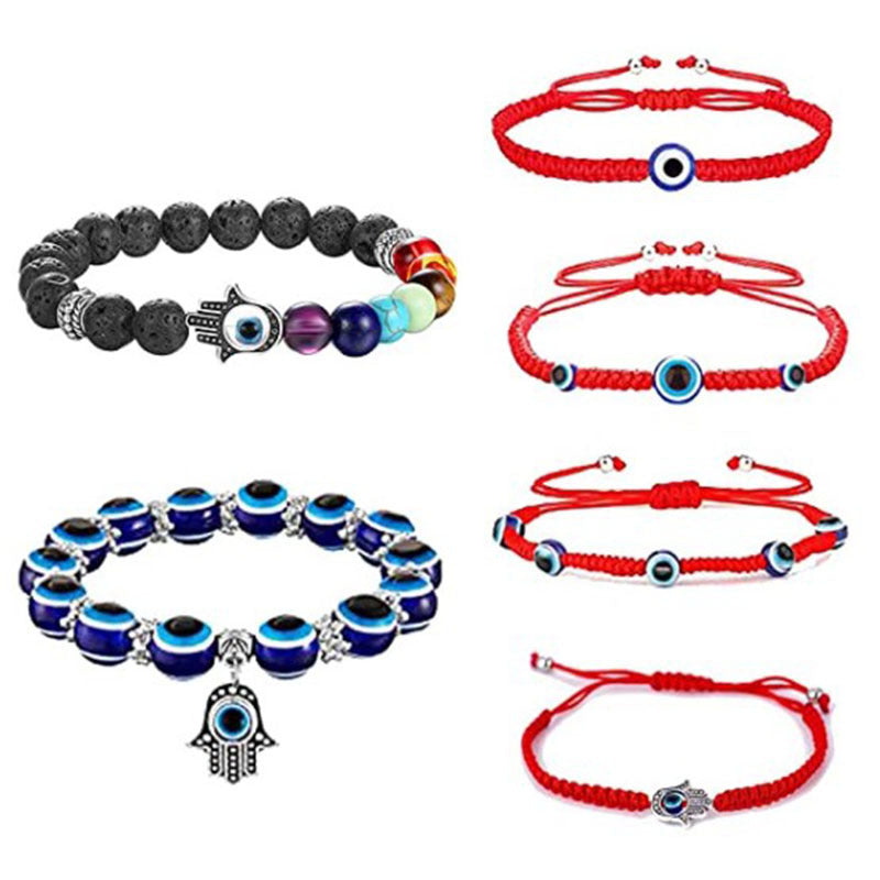 Vintage Blue Devil Eye Elastic String Volcanic Rock Beaded Adjustable Bracelet
