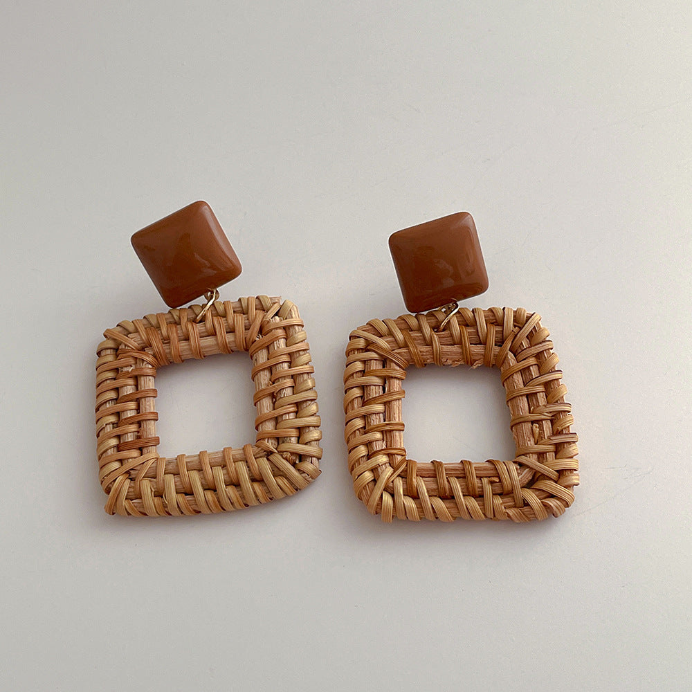 Woven Wooden Rattan Beach Vacation Style Vintage Earrings