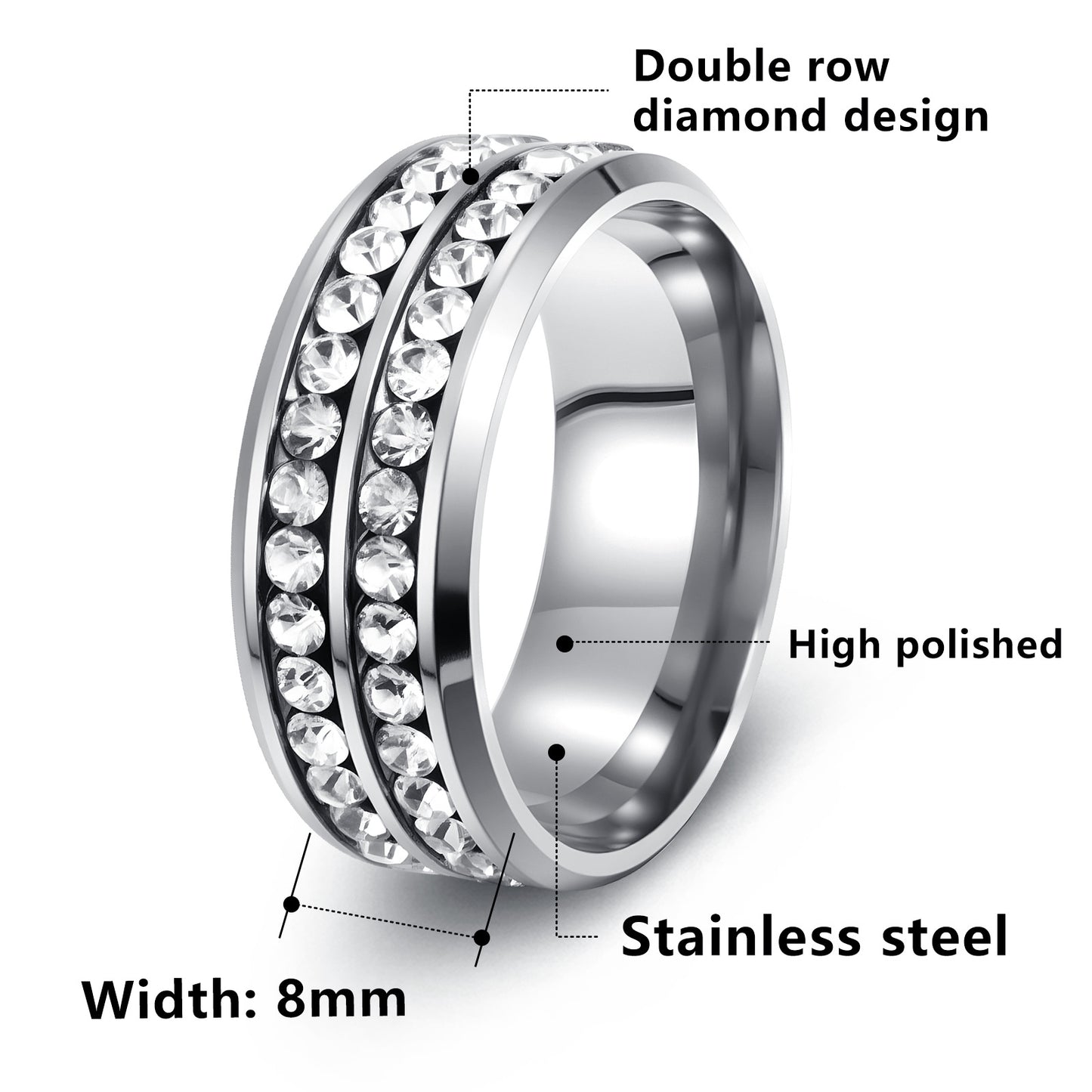 Titanium Steel Korean Double Row Diamond Full High-grade Ring
