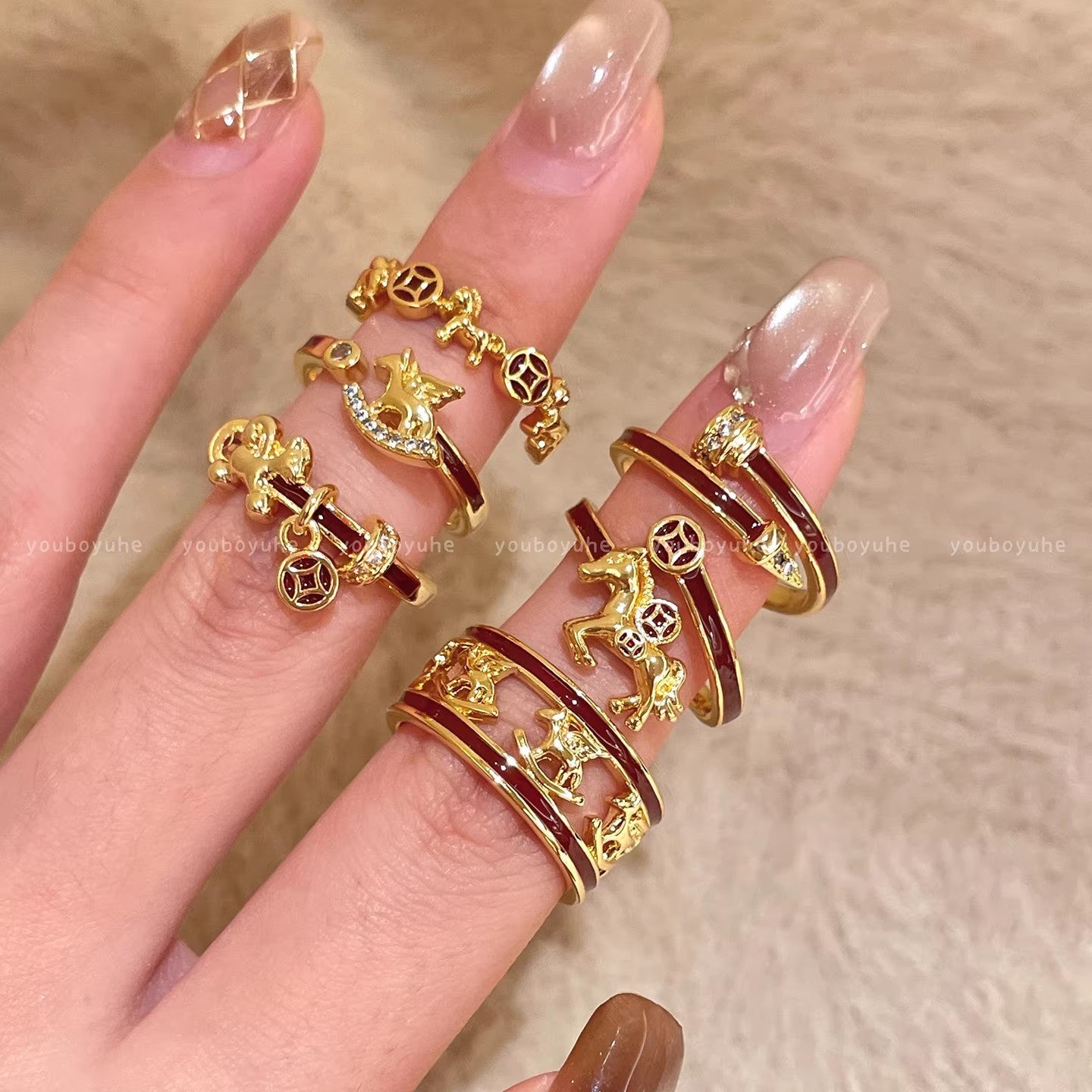 Women's Golden Pony Light Luxury High-grade Sense Twin Index Finger Ring