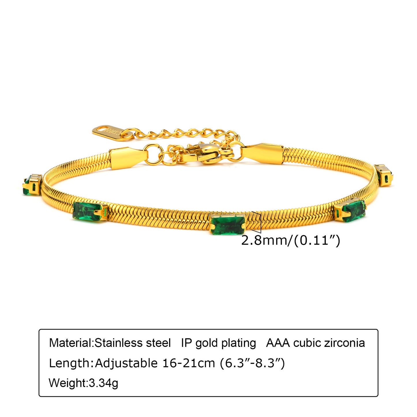 Women's Steel Emerald Zircon Like Flat Snake Bracelets