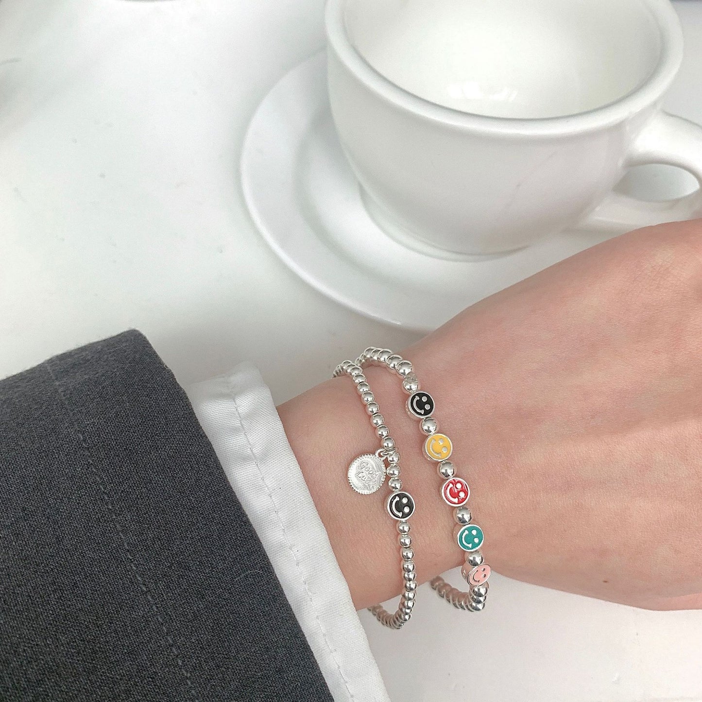 Sier Colors Smiling Face Ball Female Design High-grade Cold Style Bracelet