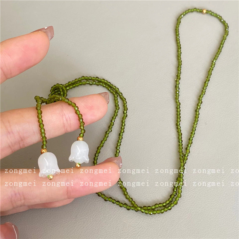 Wearing Methods Natural White Jade Lily Olive Green Crystal Winding Necklaces