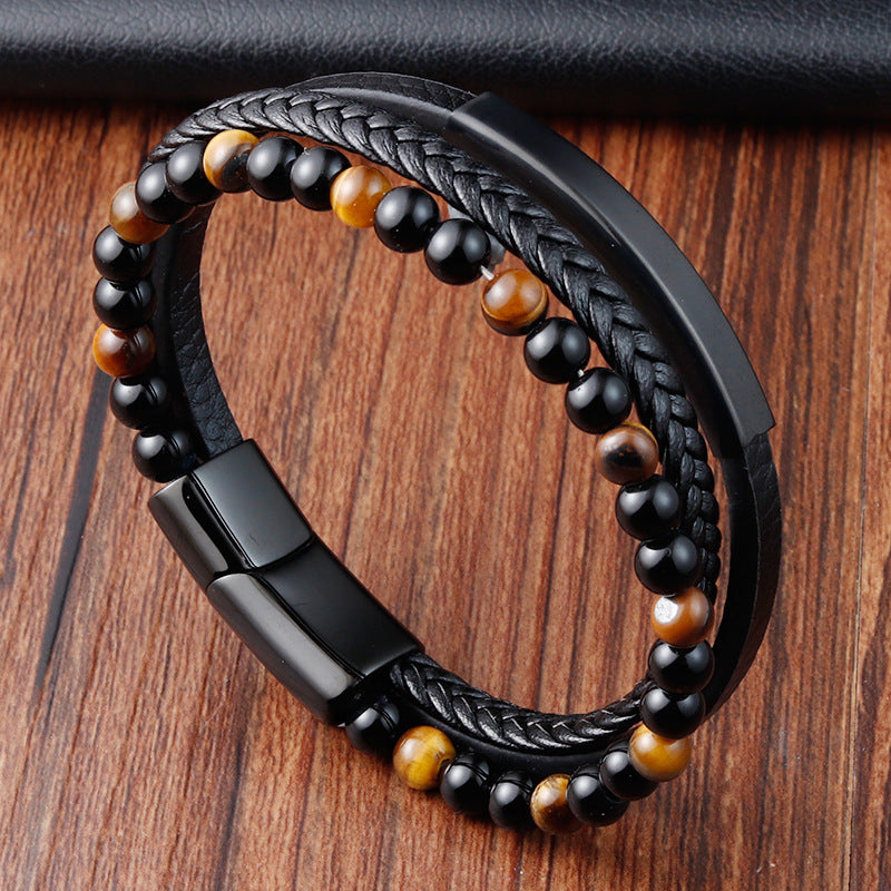 Men's Natural Stone Volcanic Rock Leather Stainless Bracelets