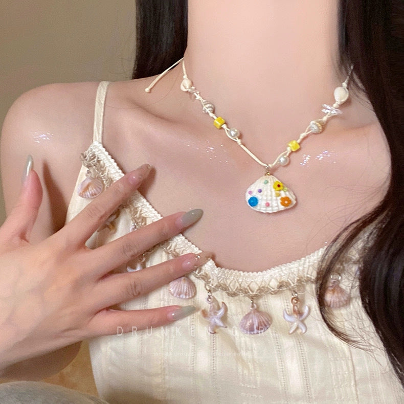 Style Shell Beaded Adjustable Design Hand-made Braided Rope Sweet Clavicle Necklace