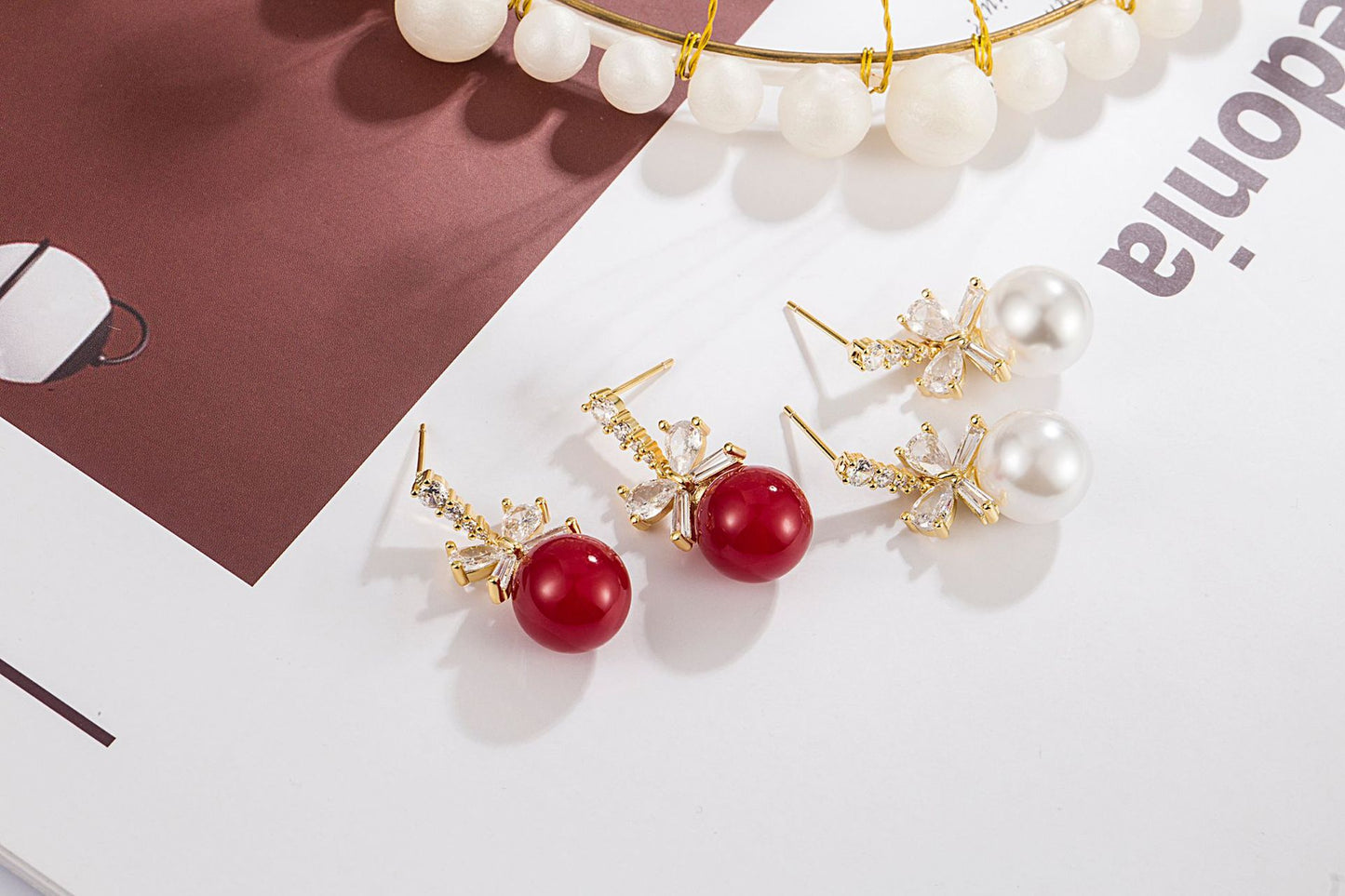 Inlaid Bow Pearl Red Festive High Earrings