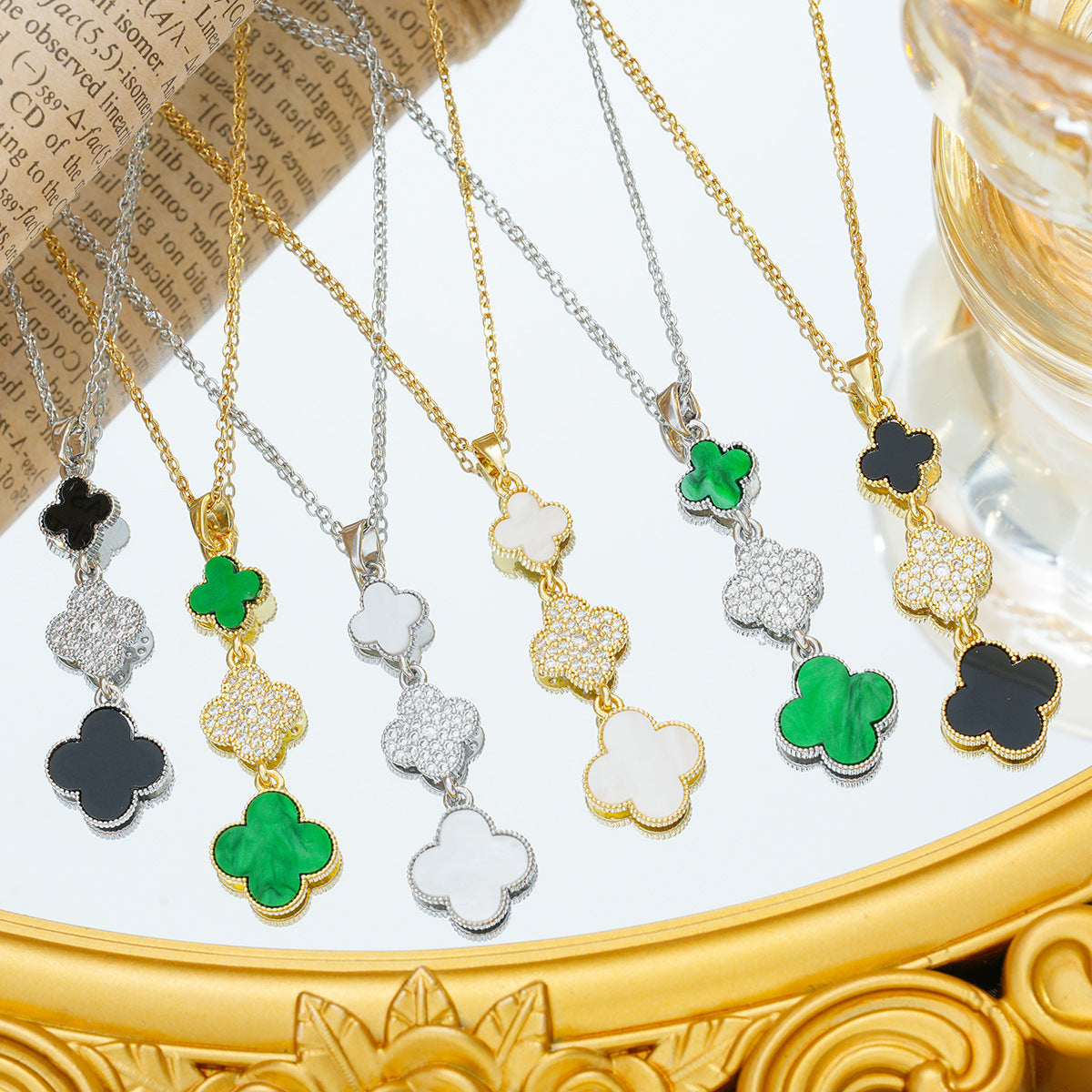 Women's Steel Triple Double-sided Clover Full Diamond Clavicle Chain Light Luxury Necklaces