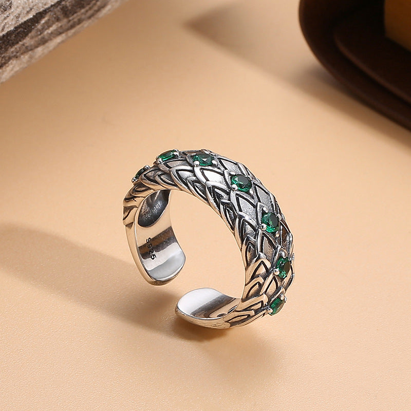 Inlaid Retro Opening Distressed Thai Sier Rings