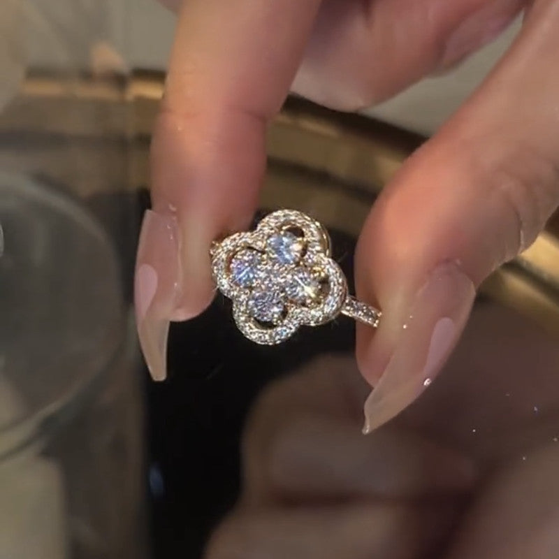 Women's Style Four-leaf Flower Zircon Rotatable Index Finger Light Luxury Minority Rings