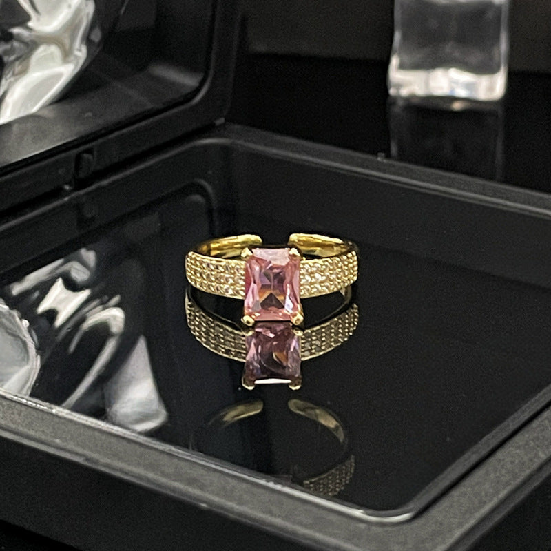 French Retro Court Gold Pink Diamond Open Female Rings
