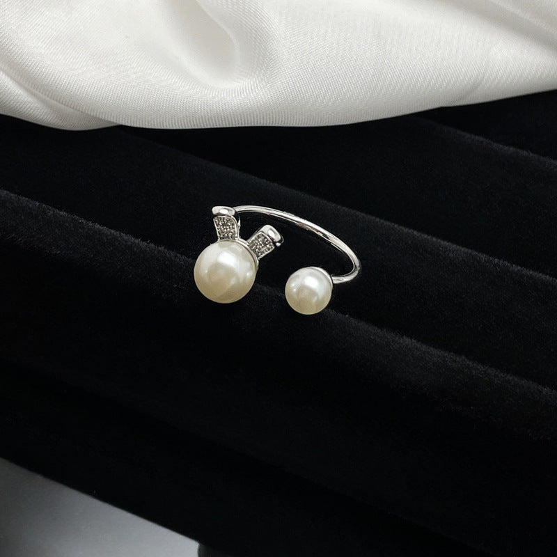 Sweet Cool Bow Open-end Pearl Female Korean Rabbit Rings