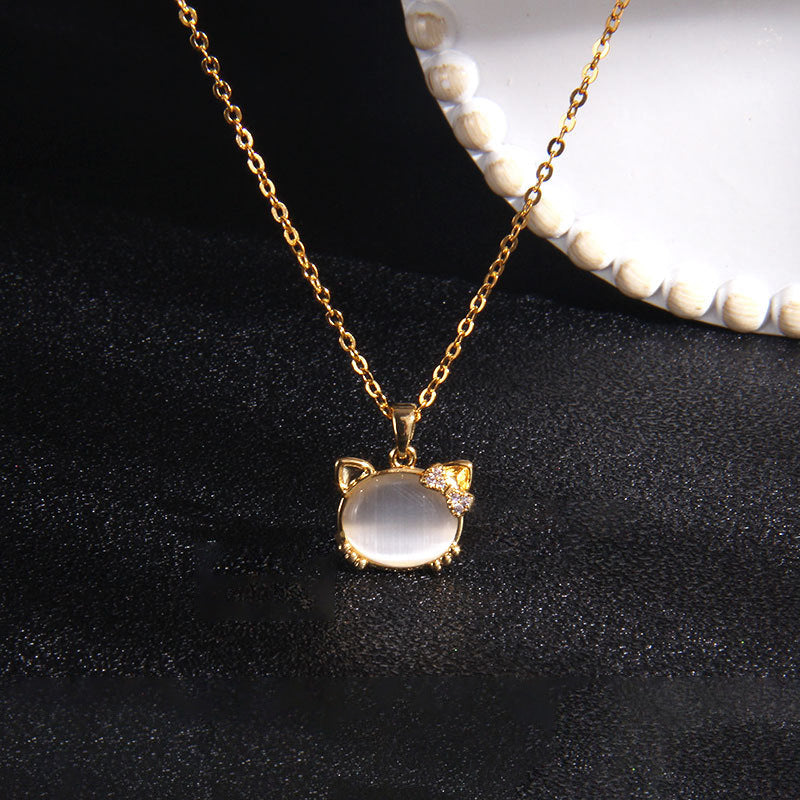 Korean Style Simple Opal Cat Titanium Necklaces