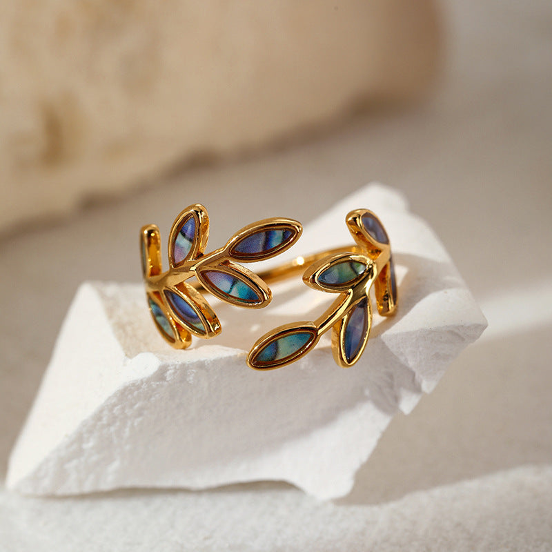 National Trendy Enamel Leaves Open Antique Design Ring