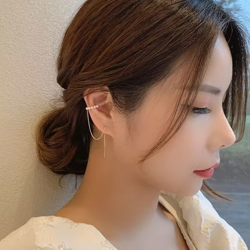 Korean Style Sier Personality Simple Chain Female Small Pearl Temperamental Earrings