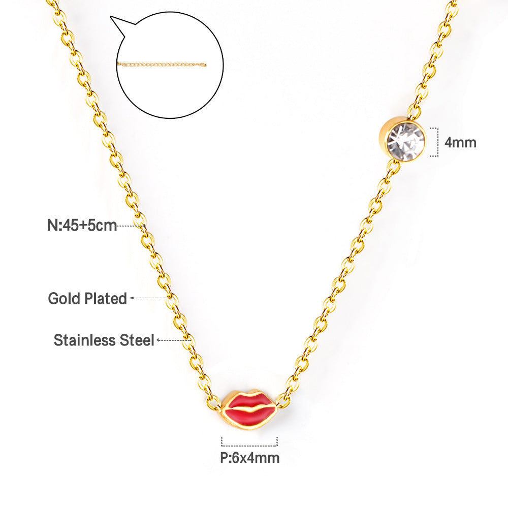 Women's Dripping Red Lip With Round Diamond Clavicle Chain Necklace
