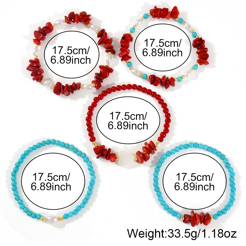 Summer Seaside Wear Red Coral Broken Pearl Heart Niche Design Bracelets