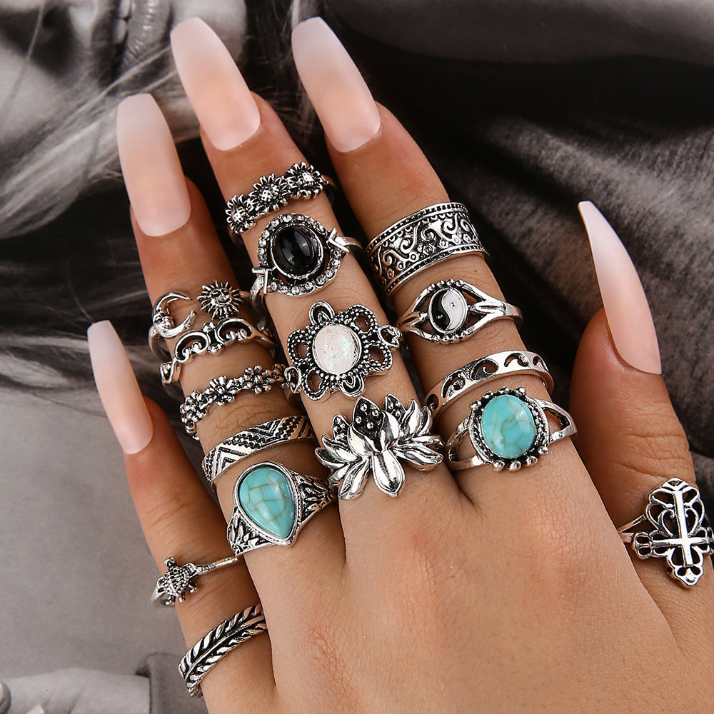 Women's Onyx Personality Turtle Flower Combination Set Rings