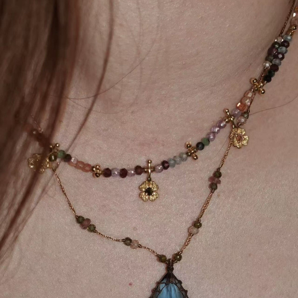 Women's Flower Colorful Natural Stone Tigereye Beaded Necklace