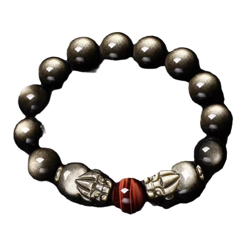 Women's & Men's Natural Gold Obsidian Double Buddha Beads Bracelets