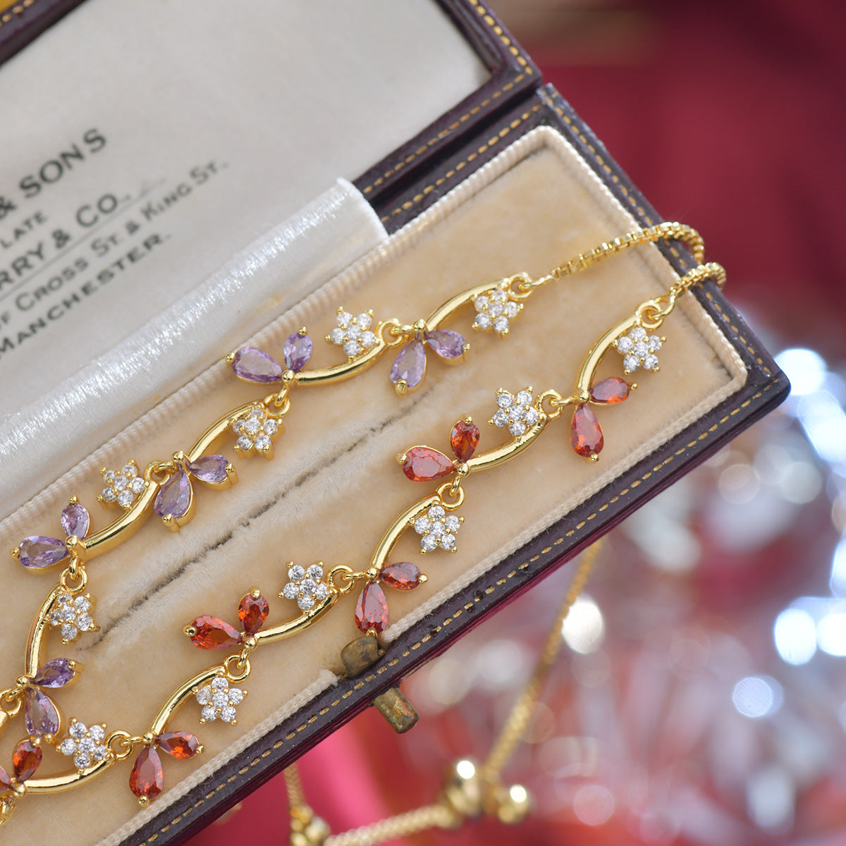 Zircon Leaf Bud Pomegranate Red Purple Electroplated Real Bracelet