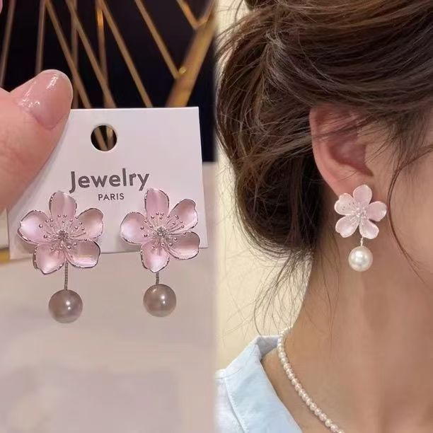 Women's Pink Style Cherry Blossom Beads Gentle Sweet Elegance Earrings