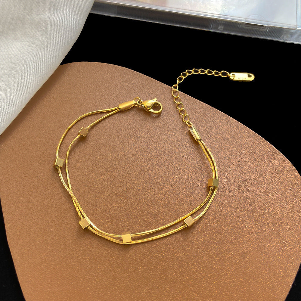 Women's Steel Gold Square Double Layer Snake Bones Chain Bracelets