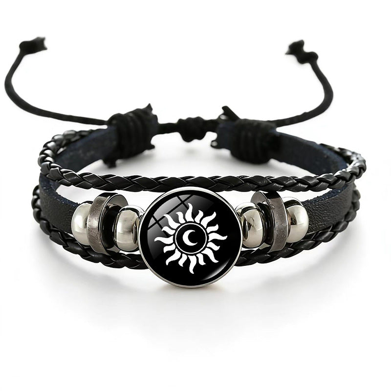 Sun Moon Lovers Time Stone Leather Unisex Woven Couple Gift Bracelet