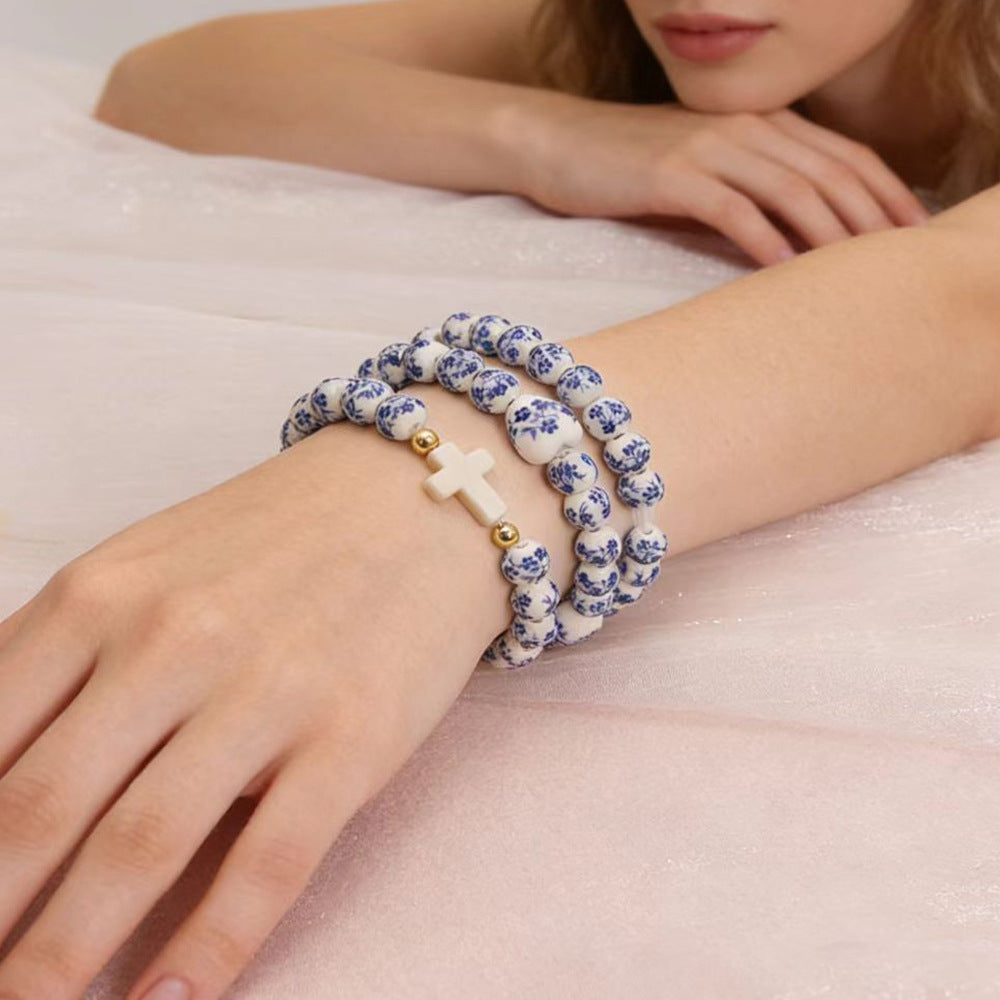 Women's & Men's Blue White Porcelain Ceramic Pattern Love Bracelets