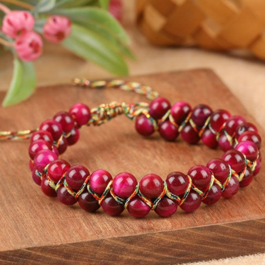 Colorful Tigereye Round Beads Hand-woven Adjustable Bracelet
