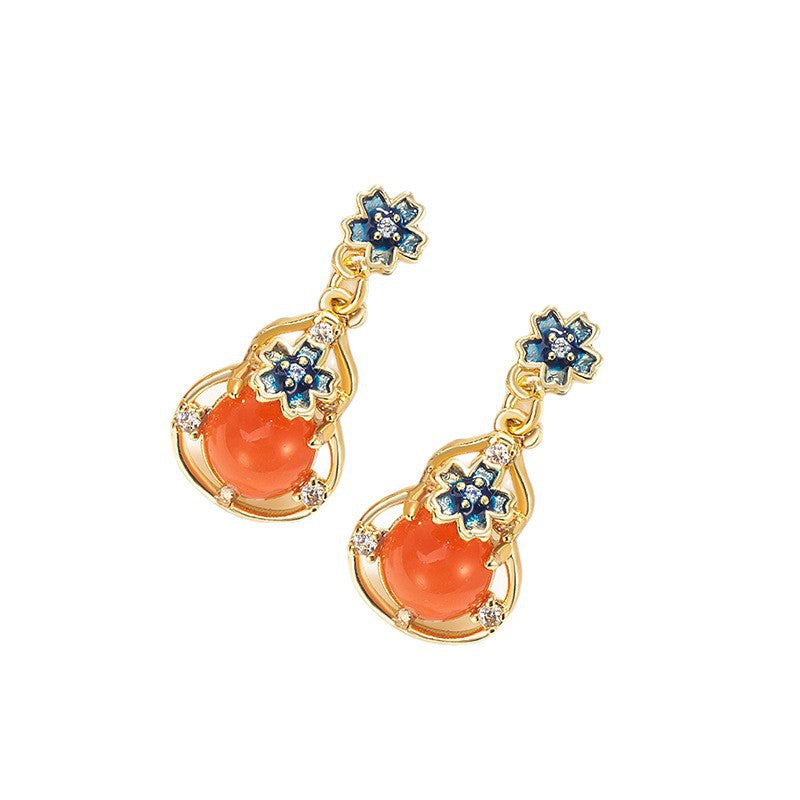 Chinese Style National Imitation Red Agate Gourd Female High Sense Stud Earrings