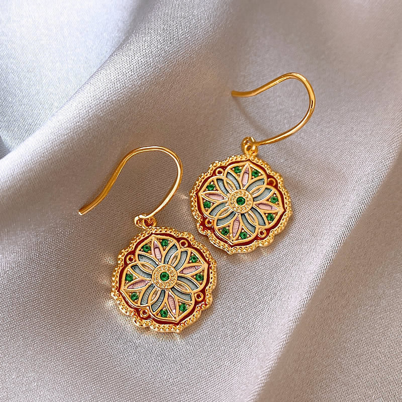 Retro Green Oil Painting Ancient Style Flower Light Luxury Palace Stud Earrings