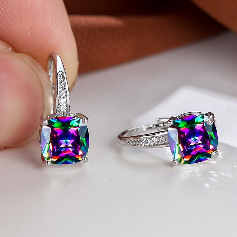 Women's Square Zircon Inlaid Ear Hook Korean Fashion Style Stud Earrings