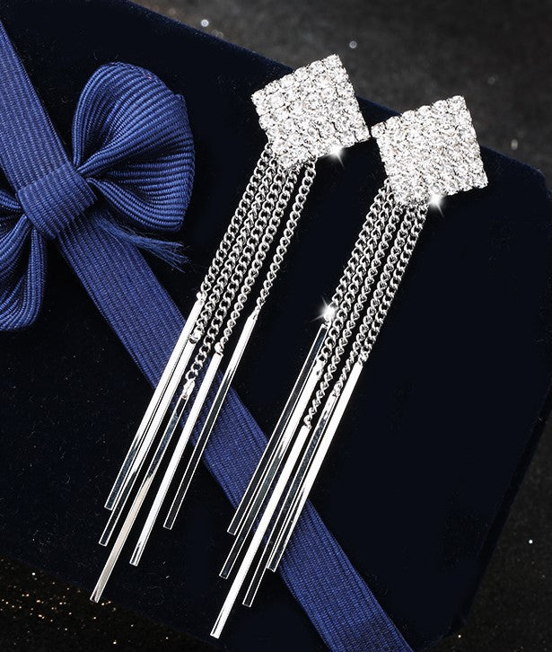 Women's Long Face Sier Needle Water Drop Earrings