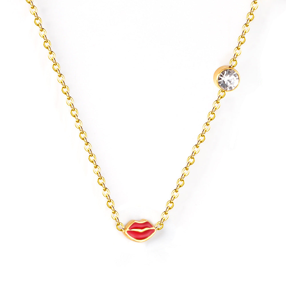 Women's Dripping Red Lip With Round Diamond Clavicle Chain Necklace