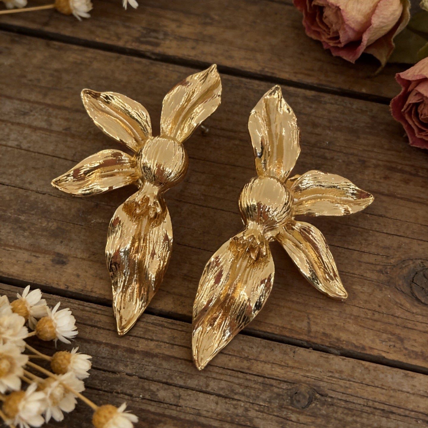 Petal Metal Asymmetric Golden Flower-shaped Fan-shaped Earrings