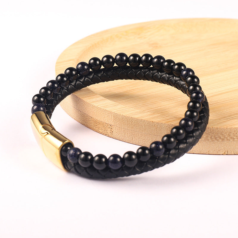 Men's Tiger Eye Beaded Genuine Leather Alloy Cowhide Bracelet