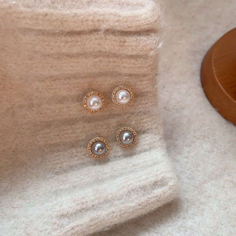 Small Pearl Ear Micro Inlaid Zircon Simple French Style Elegant Stud Earrings