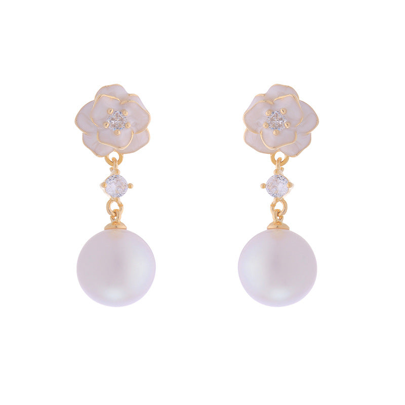 Sense Camellia Drip Glazed Pearl Refined Zircon Long Pink Mosquito Rings