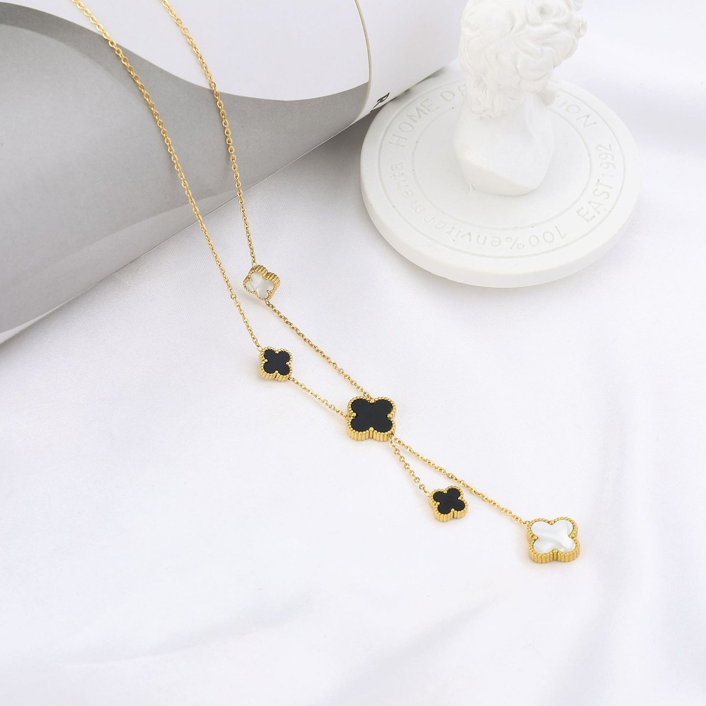 Women's Korean Simple Double-sided Clover Tassel Titanium Necklaces