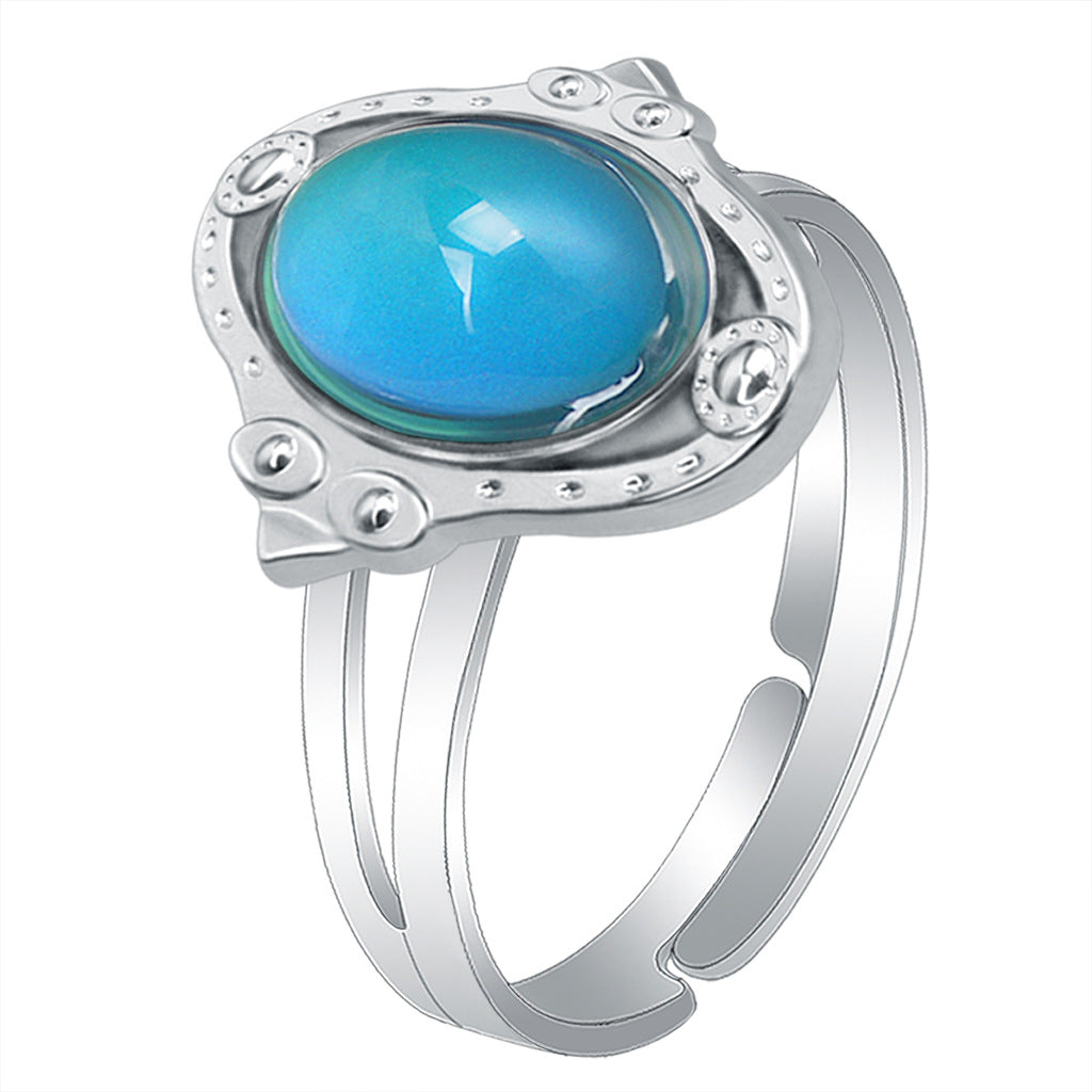 Women's Retro Oval Round Gem Temperature Change Adjustable Ring