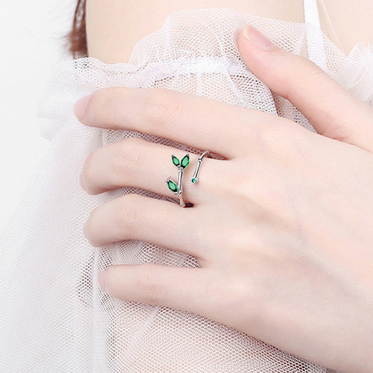 Fresh Green Leaf Bamboo Female Fashion Simple Bud Leaves Open Rings