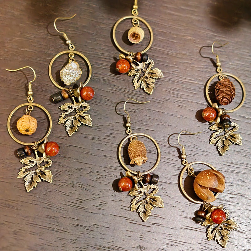 Palace Niche Exotic Plant Dried Fruit Maple Leaf Dangling Earrings