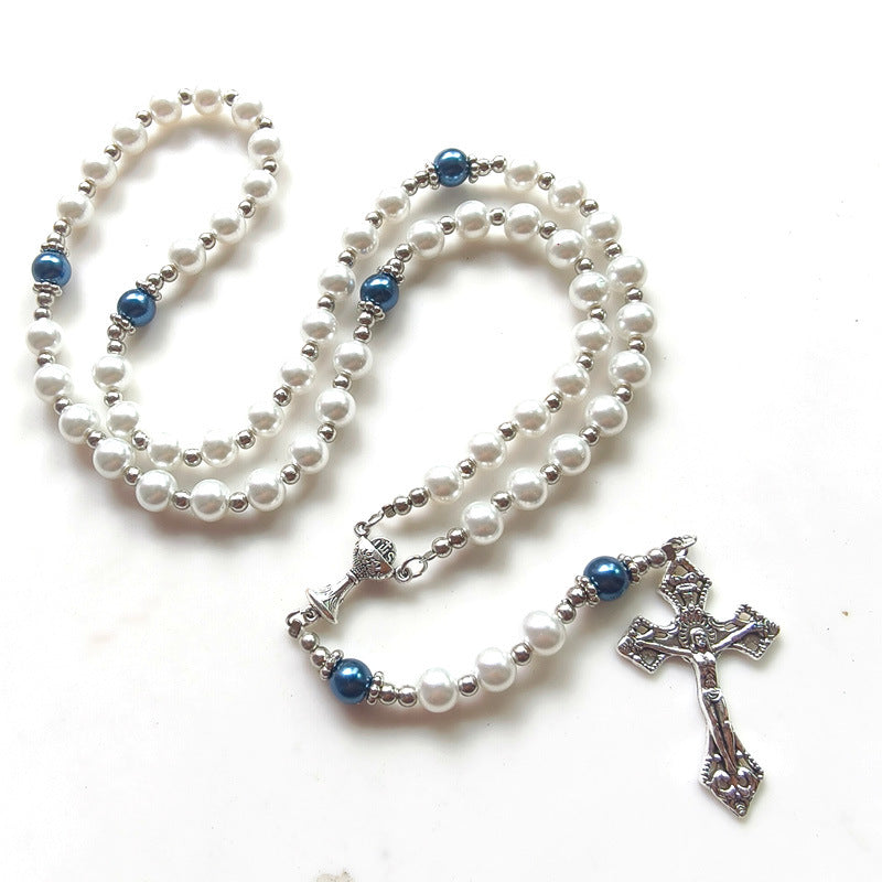 Glass Pearl Handmade Beaded Cross Long Necklaces