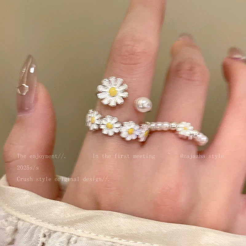 Women's Little Daisy Pearl For Mori Style Simple Sweet Fresh Open Ring
